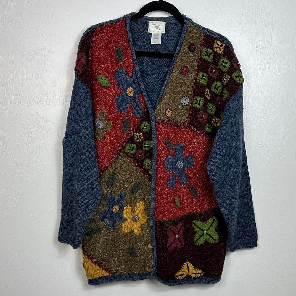 Susan Bristol Knit Vintage Multicolor Patchwork Cardigan Sweater Size L
